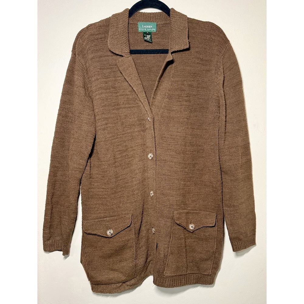 Lauren Ralph Lauren Cardigan Sweater Women's Small Cable Knit Shawl Collar Brown